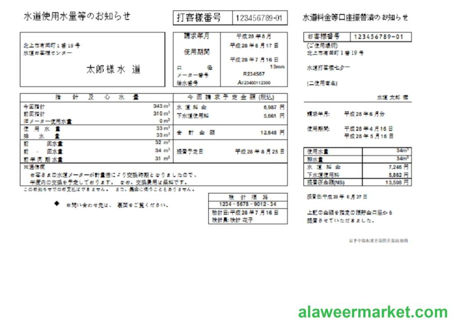 Japan Iwate Chubu Waterworks Bureau water utility bill template in Word and PDF format